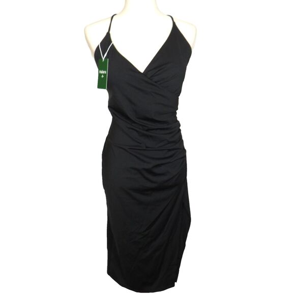 Halara Black Wrap Look Side Ruched Side Slit Bodycon Dress Size Medium - Picture 2 of 10